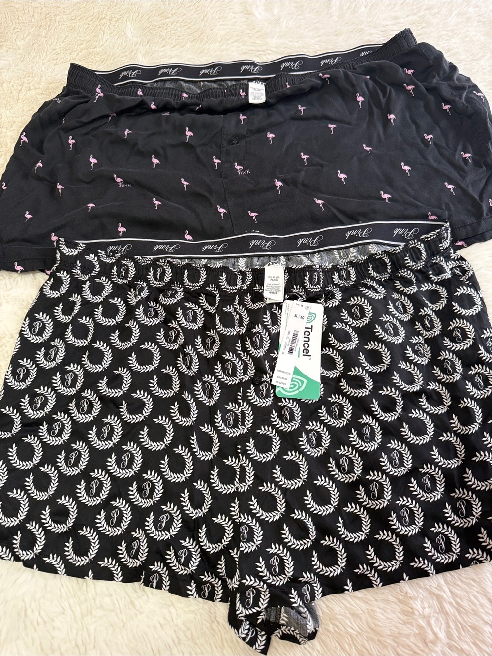 PINK Victoria's Secret Black Shorts with Pink Flamingo & White Laurel Prints